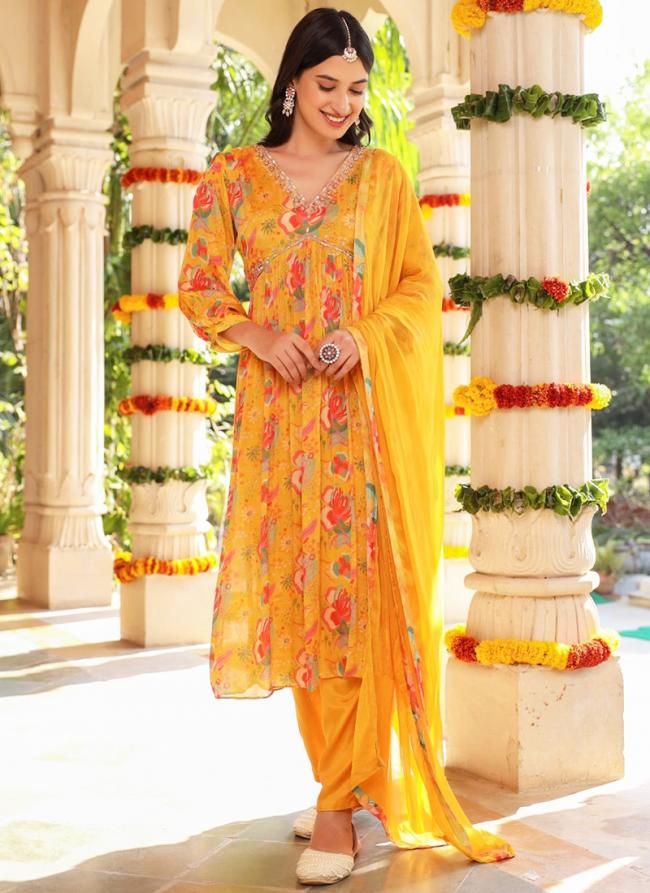 Georgette Yellow Casual Wear Hand Work Readymade Kurti Set